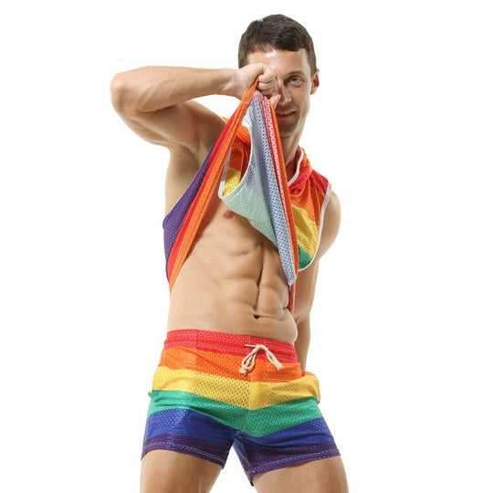 Rainbow Mesh Hoodie Muscle Shirt + Shorts - Oh My Underwear