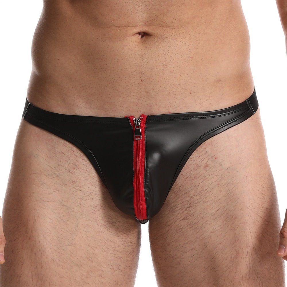 Men's Sexy Underwear - Red Zip Under Faux Leather Thong – Oh My!